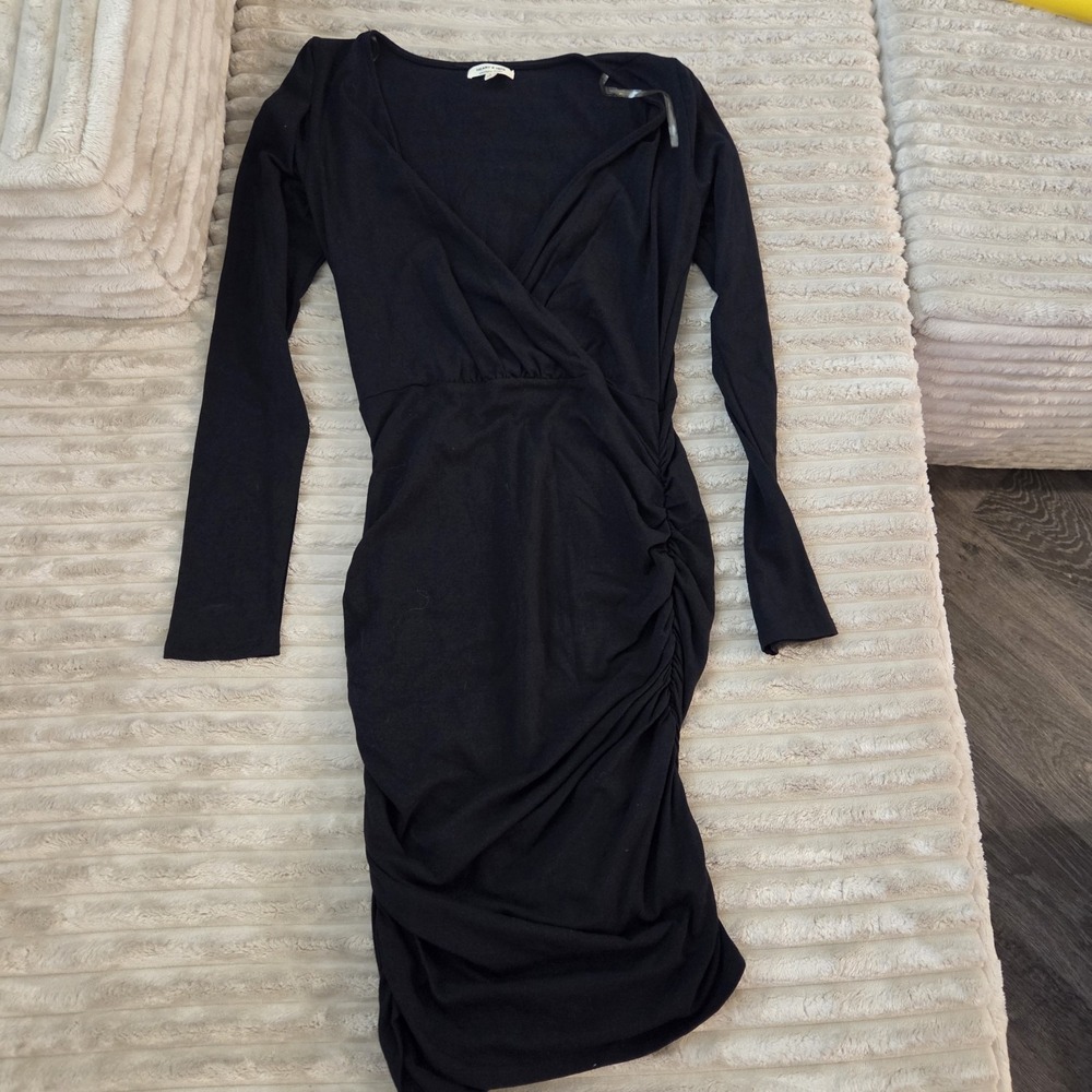 Heart & Hips Black Wrap Dress Size S Small Ruched Side Long Sleeve Bodycon Mini